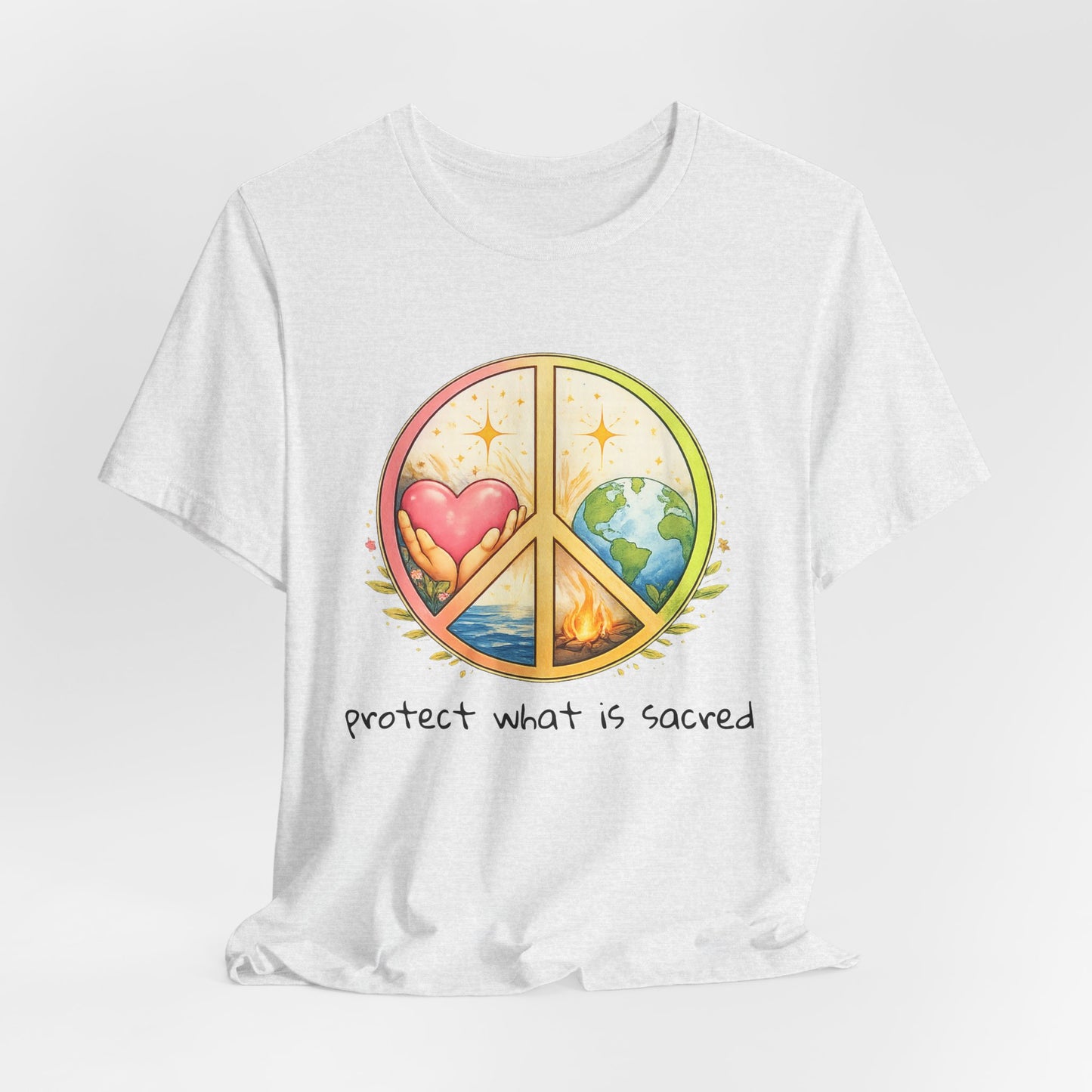 Peace Symbol Tee — "Protect What Is Sacred" Heart & Earth Graphic