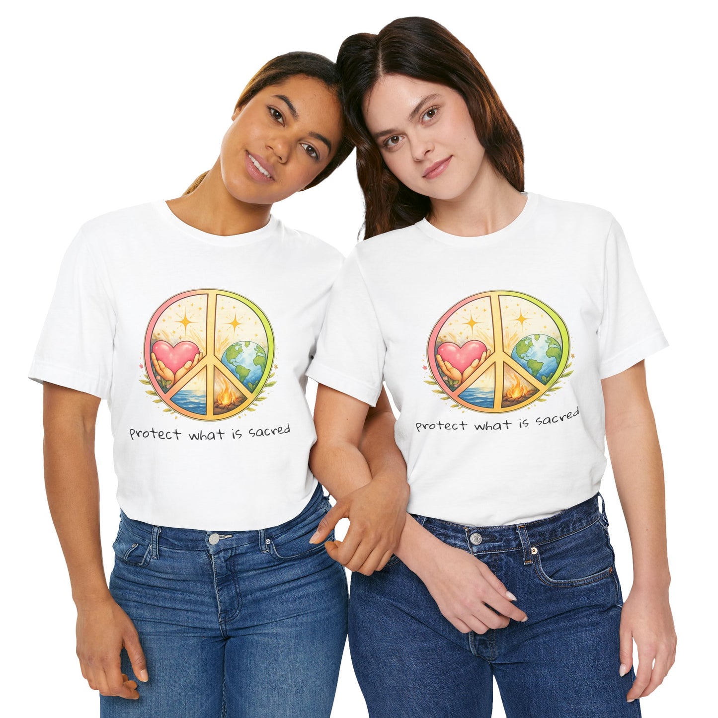 Peace Symbol Tee — "Protect What Is Sacred" Heart & Earth Graphic