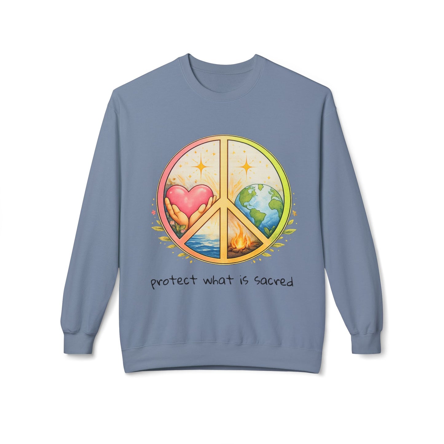 Peace Symbol Crewneck Sweatshirt – "Protect What Is Sacred" Earth & Heart Design