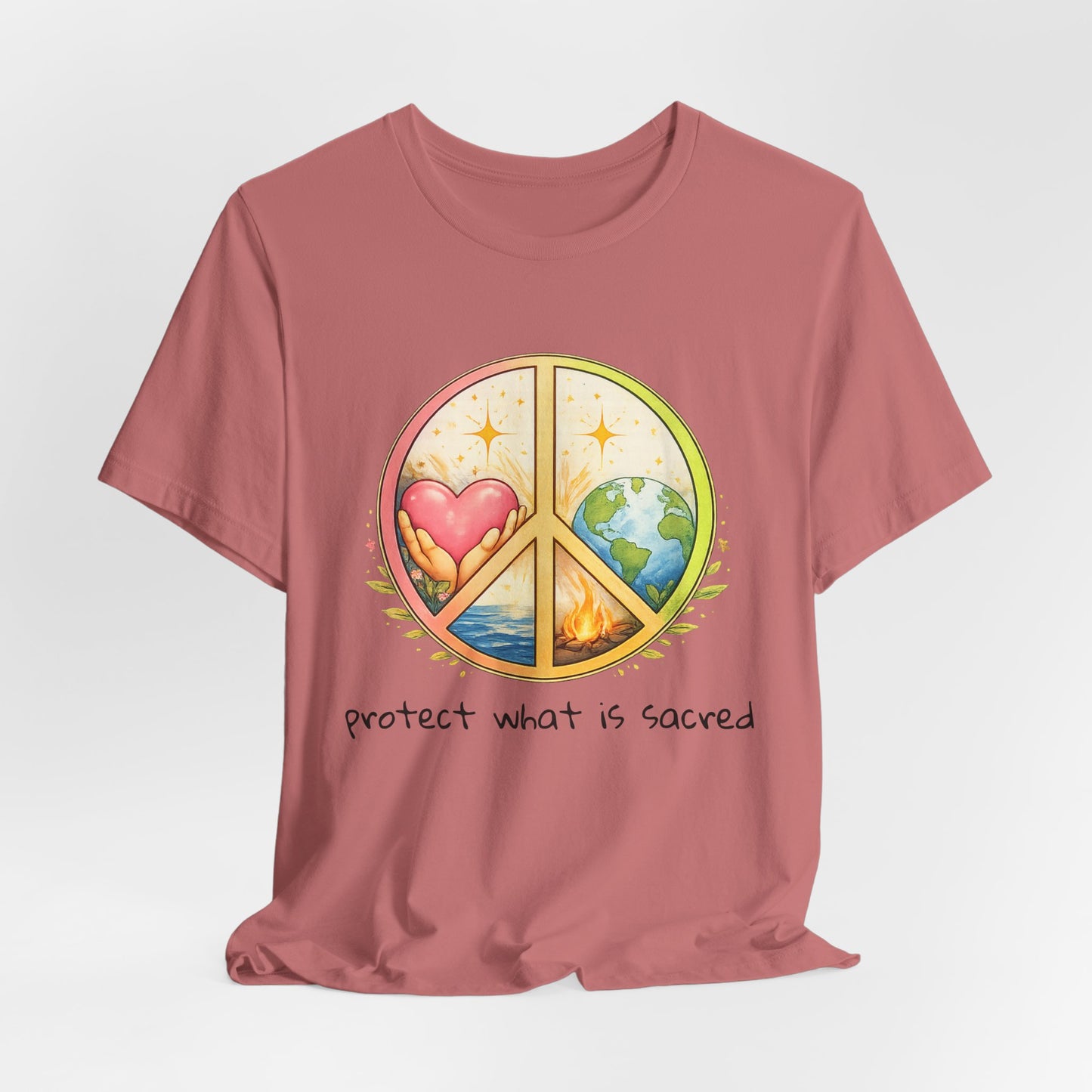 Peace Symbol Tee — "Protect What Is Sacred" Heart & Earth Graphic