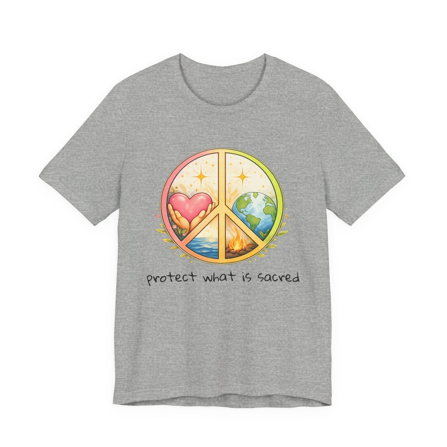Peace Symbol Tee — "Protect What Is Sacred" Heart & Earth Graphic
