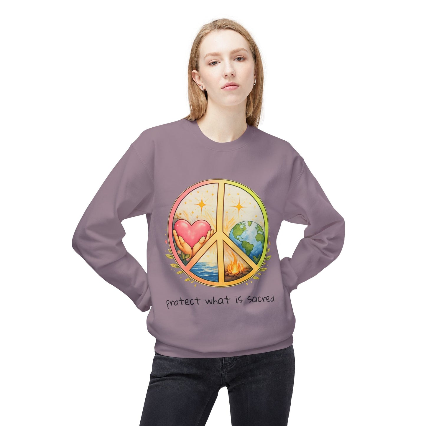 Peace Symbol Crewneck Sweatshirt – "Protect What Is Sacred" Earth & Heart Design