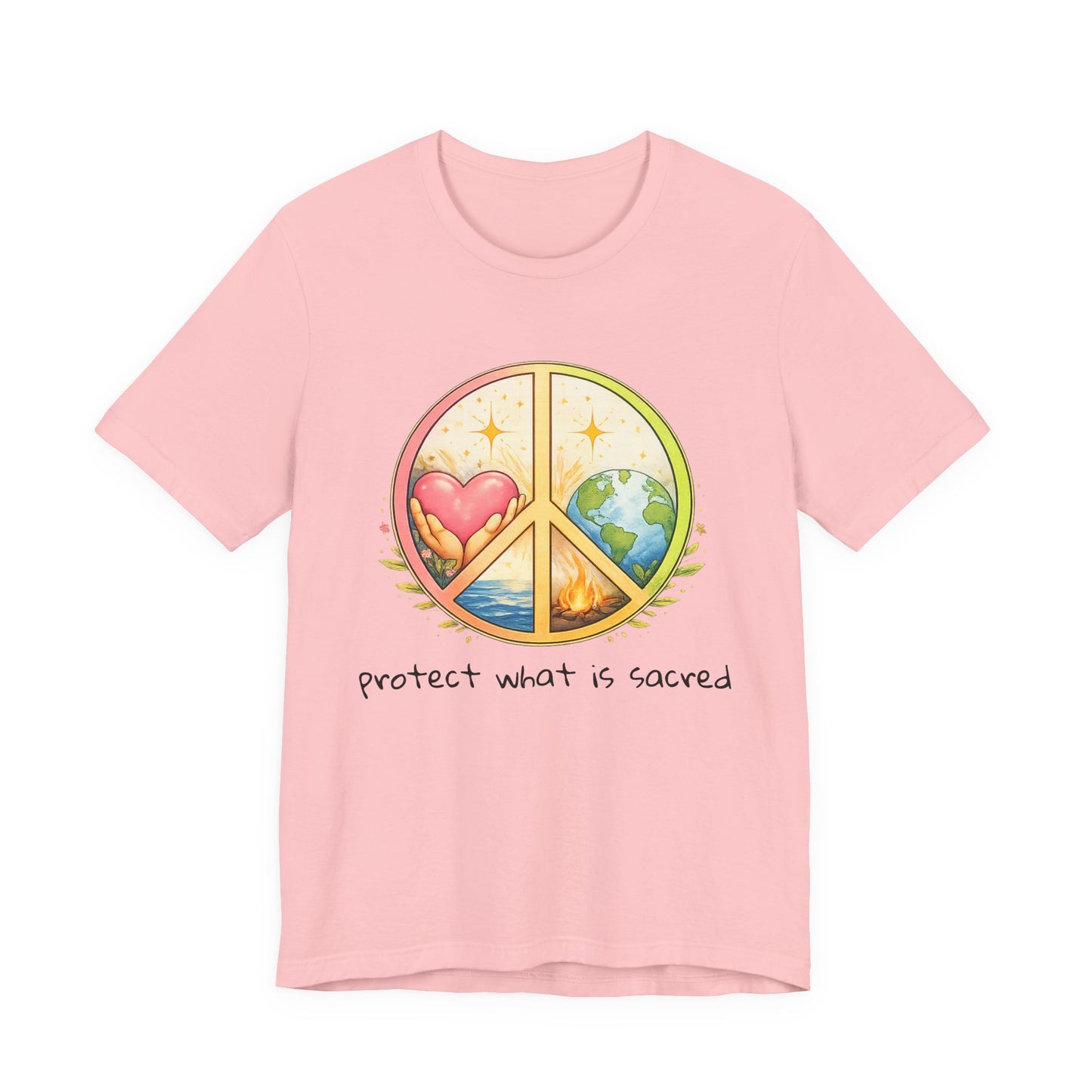 Peace Symbol Tee — "Protect What Is Sacred" Heart & Earth Graphic