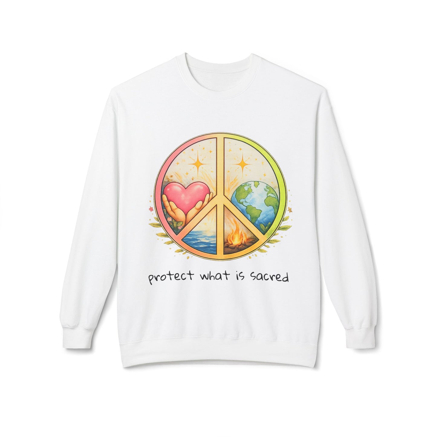 Peace Symbol Crewneck Sweatshirt – "Protect What Is Sacred" Earth & Heart Design
