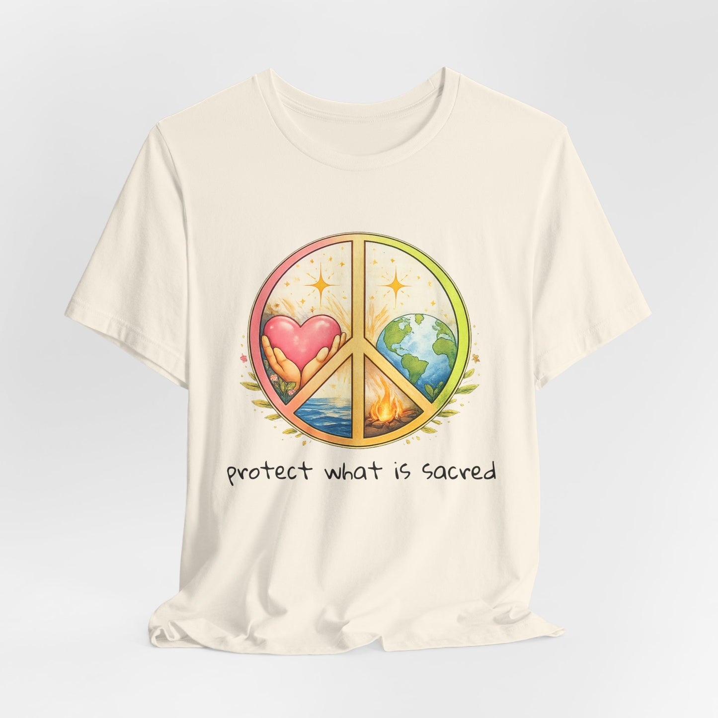 Peace Symbol Tee — "Protect What Is Sacred" Heart & Earth Graphic