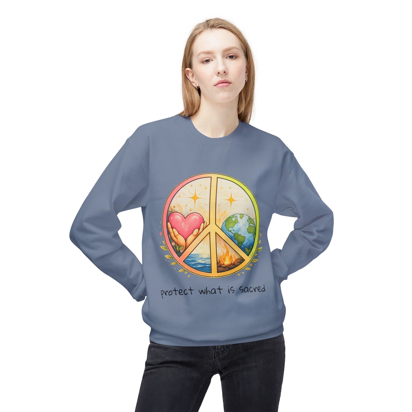 Peace Symbol Crewneck Sweatshirt – "Protect What Is Sacred" Earth & Heart Design