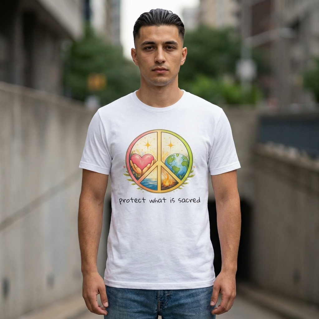 Peace Symbol Tee — "Protect What Is Sacred" Heart & Earth Graphic