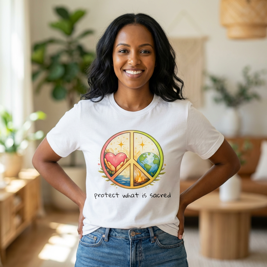 Peace Symbol Tee — "Protect What Is Sacred" Heart & Earth Graphic