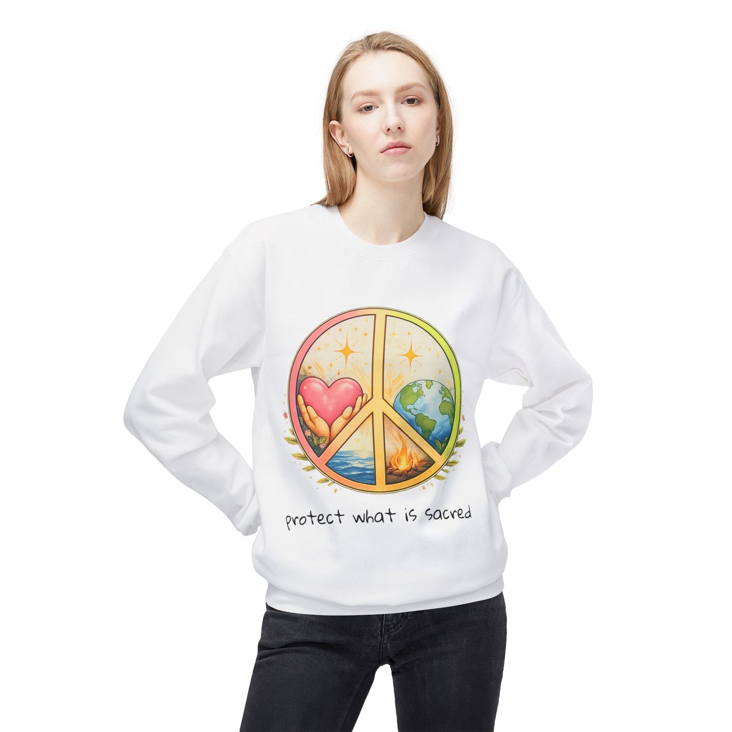 Peace Symbol Crewneck Sweatshirt – "Protect What Is Sacred" Earth & Heart Design