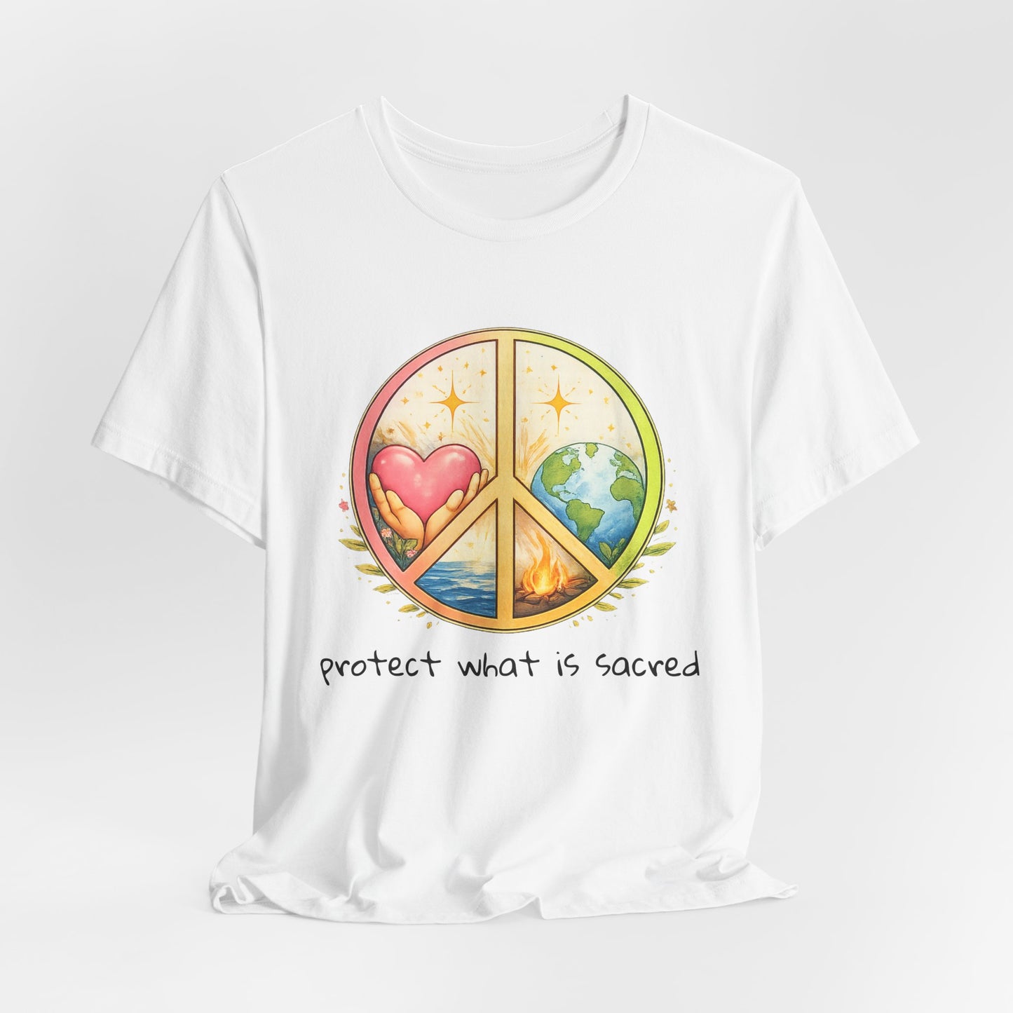Peace Symbol Tee — "Protect What Is Sacred" Heart & Earth Graphic