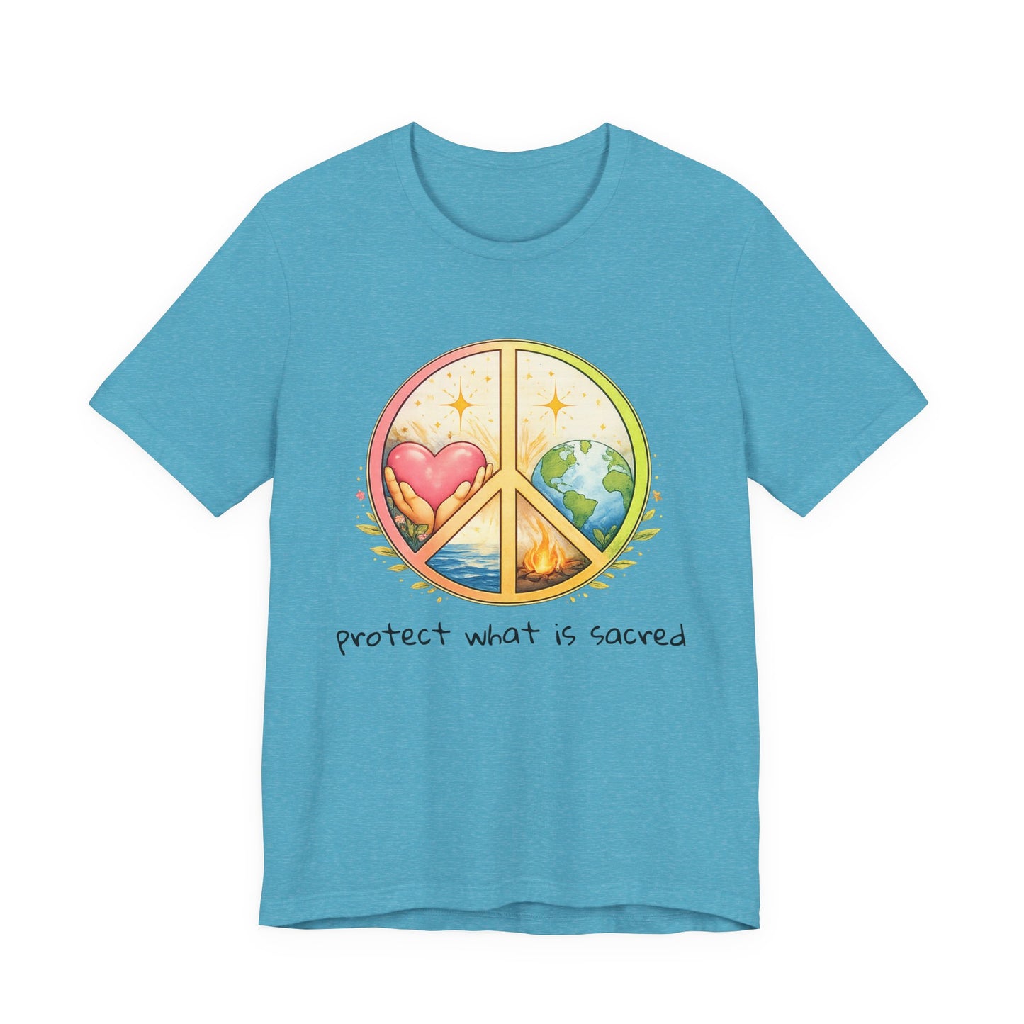 Peace Symbol Tee — "Protect What Is Sacred" Heart & Earth Graphic