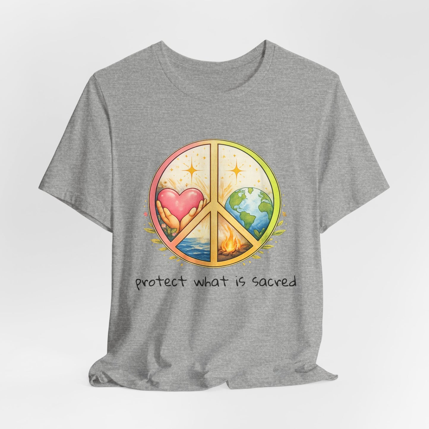 Peace Symbol Tee — "Protect What Is Sacred" Heart & Earth Graphic