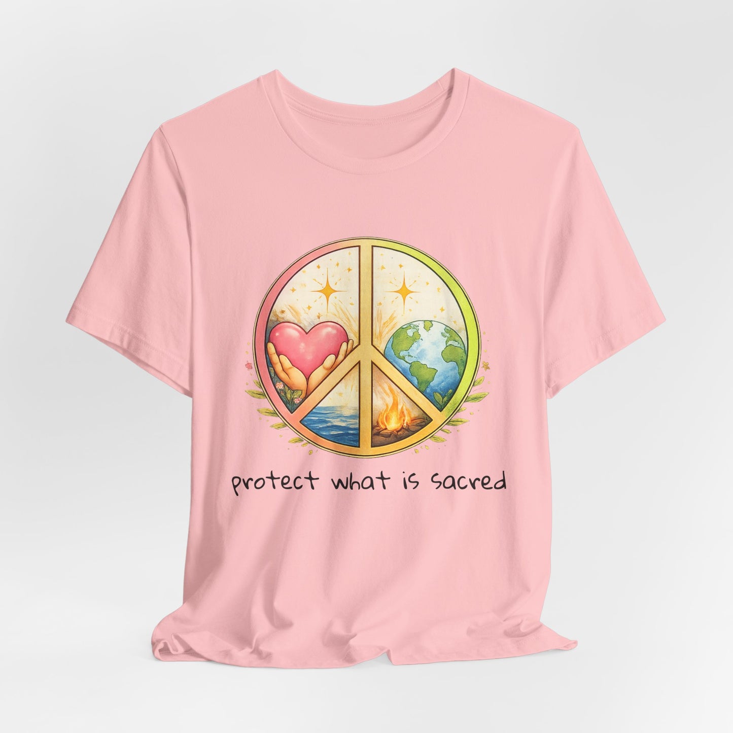 Peace Symbol Tee — "Protect What Is Sacred" Heart & Earth Graphic