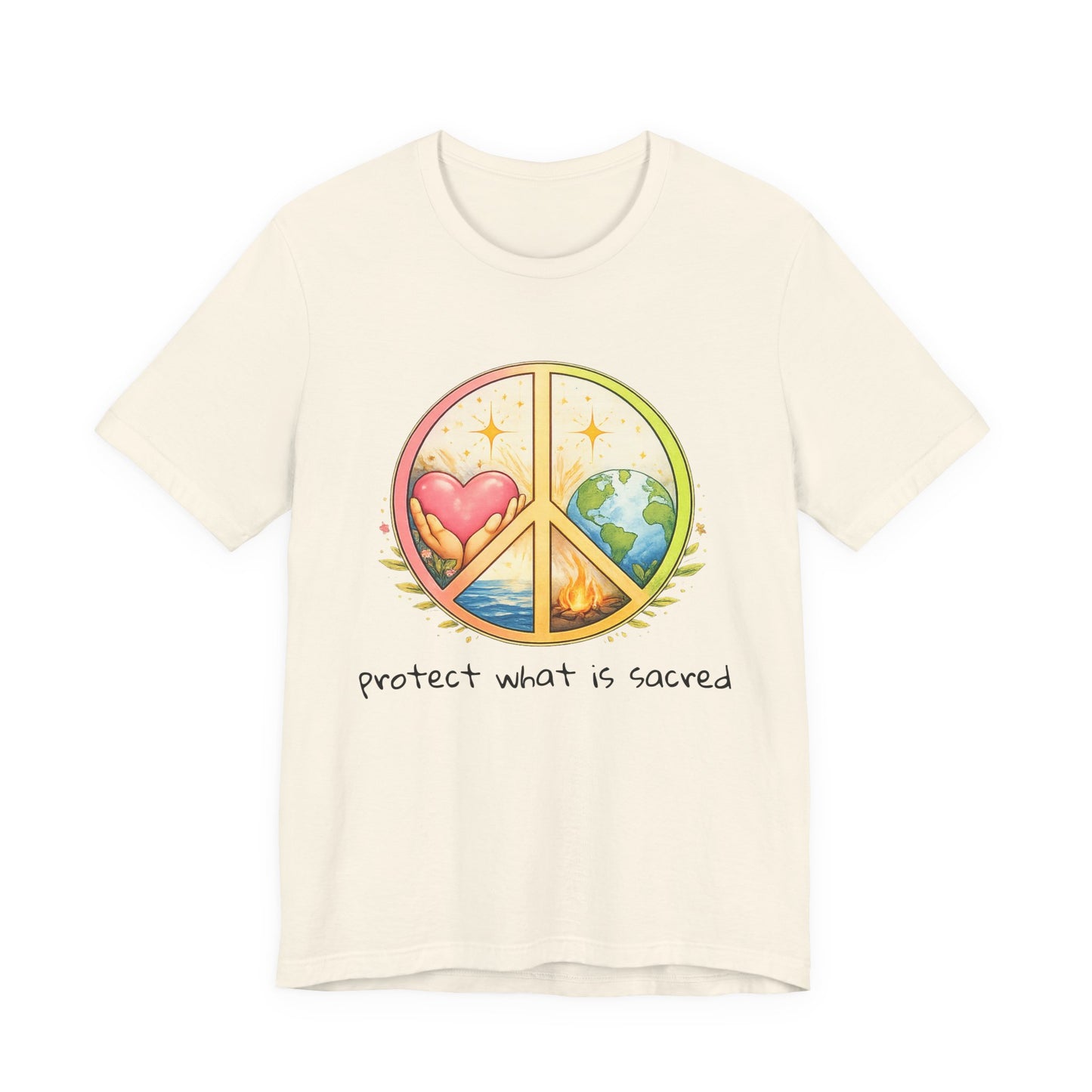 Peace Symbol Tee — "Protect What Is Sacred" Heart & Earth Graphic