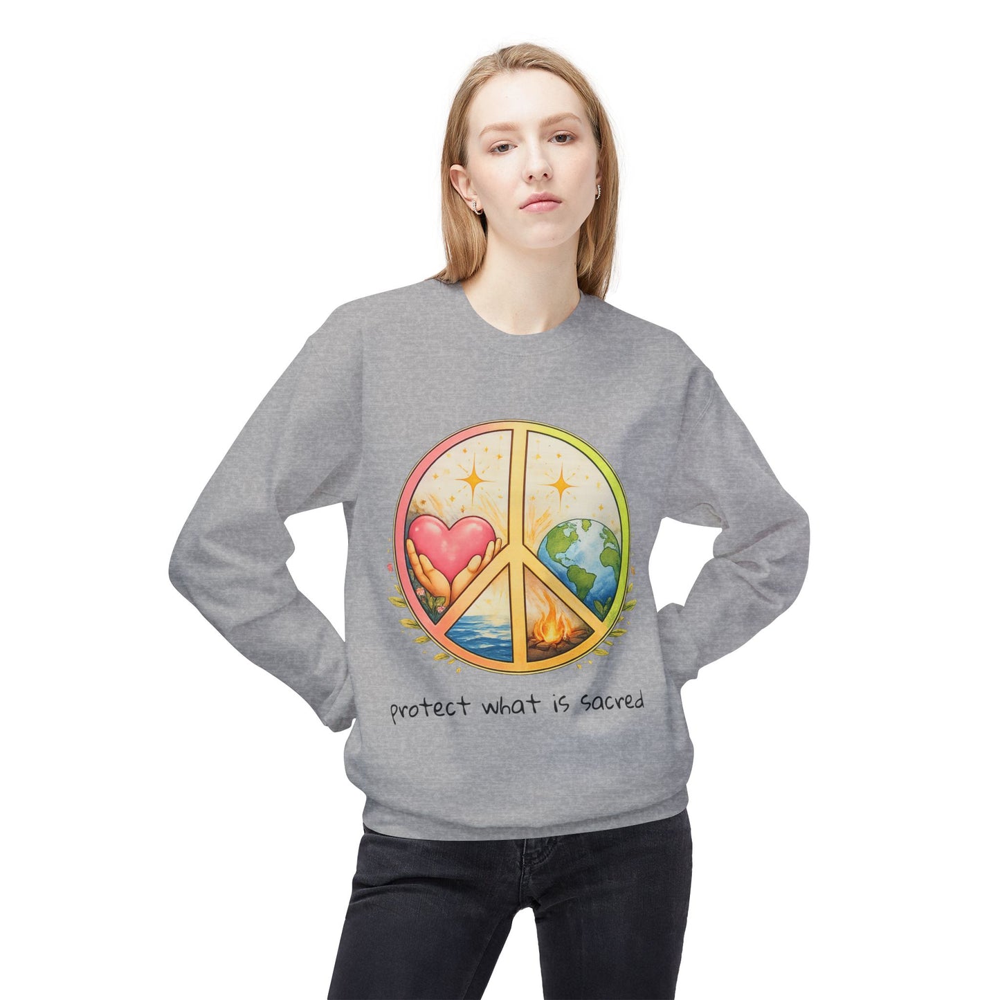 Peace Symbol Crewneck Sweatshirt – "Protect What Is Sacred" Earth & Heart Design