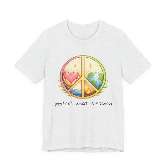 Peace Symbol Tee — "Protect What Is Sacred" Heart & Earth Graphic