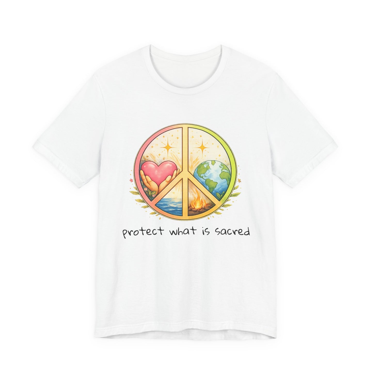 Peace Symbol Tee — "Protect What Is Sacred" Heart & Earth Graphic